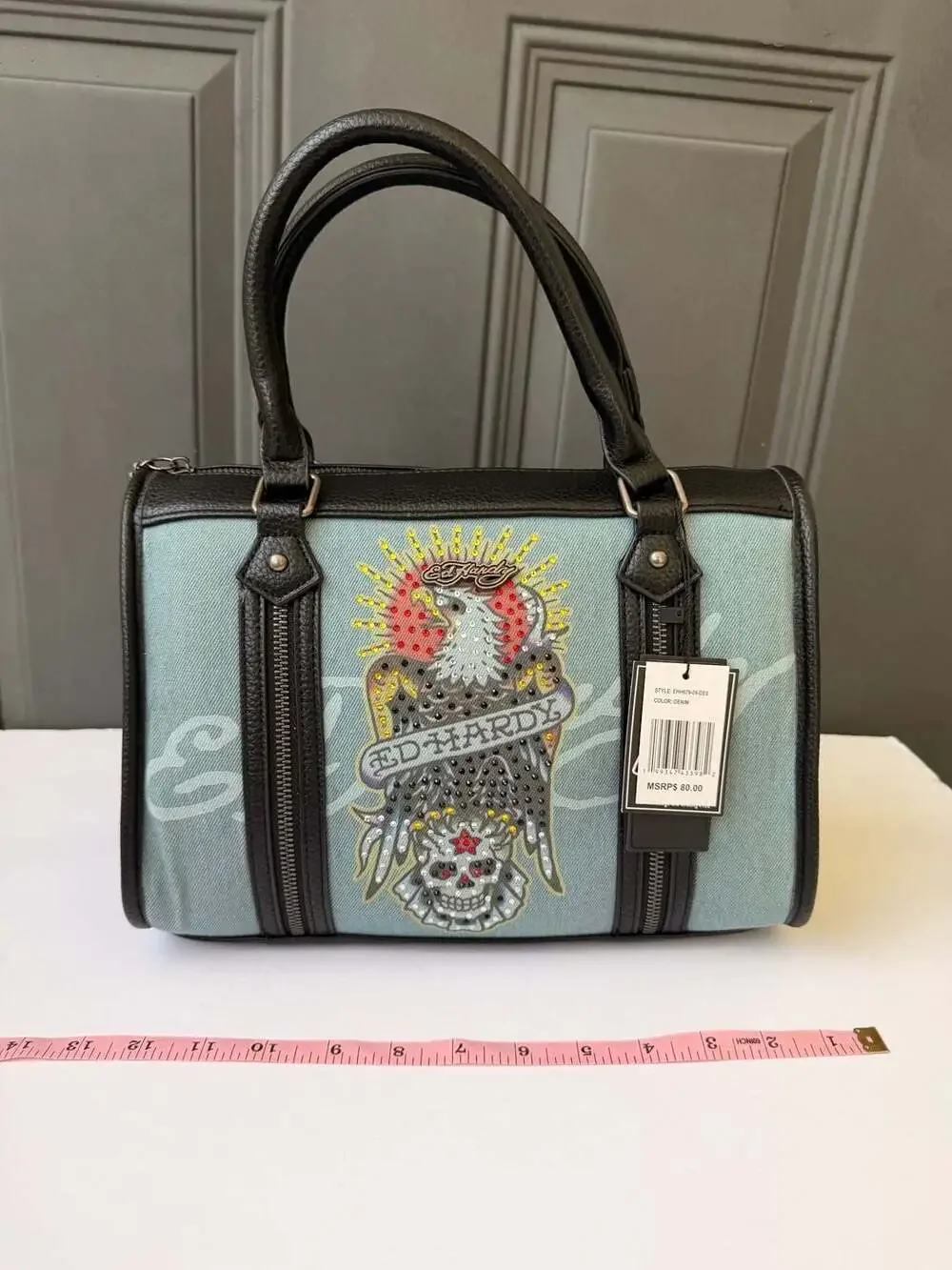 Ed Hardy VeganLeather and Denim Satchel CrossbodyHandbag with Eagle and SkullRns